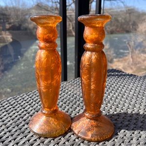 Glass Candle Holders Vintage‎ Orange Unmarked Crackled Effect 23" Height